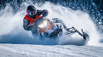 Naklejka premium A snowmobile taking a sharp turn during a race snow kicking up as the rider leans into the curve on a frozen track.