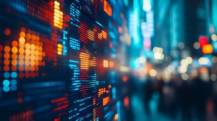 Fototapeta premium Close up shot on digital screen data value of stock market change and volatility prices profit or loss