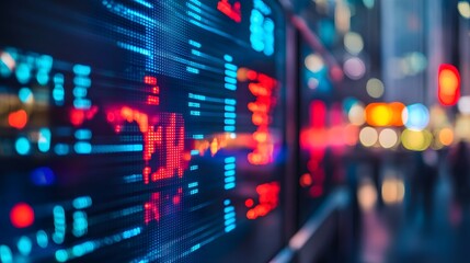 Close up shot on digital screen data value of stock market change and volatility prices profit or loss