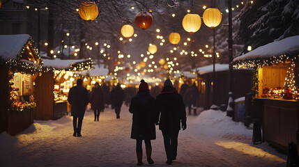 Obraz premium A snowy street lit by lanterns with a festive Christmas market in the background as people walk through in coats and scarves on Christmas Eve.
