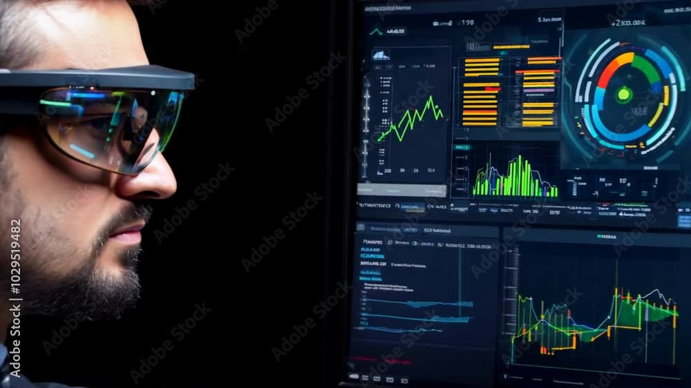 Poster data analyst with ar glasses: a focused male data analyst wearing augmented reality glasses intensel