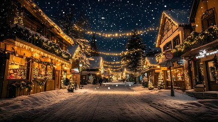 A snowy village street on Christmas Eve with festive lights strung between buildings and a starry sky above.