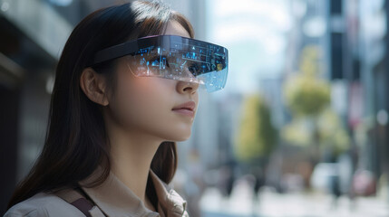 Asian woman wearing AR goggles on the street of a big city observes her surroundings and collects information in a virtual interface