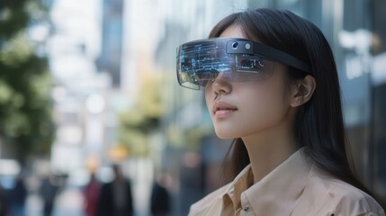 Asian woman wearing AR goggles on the street of a big city observes her surroundings and collects information in a virtual interface