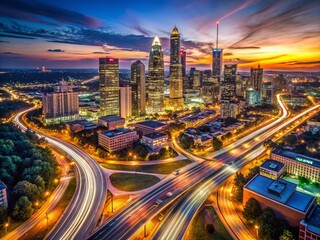 Fototapeta premium Nighttime Drone Photography of Atlanta with Long Exposure Traffic Blur