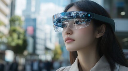 Asian woman wearing AR goggles on the street of a big city observes her surroundings and collects information in a virtual interface