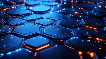 Obraz premium Intricate hexagonal geometric pattern with glowing blue and orange lights, concept for digital technology, data visualization and futuristic network infrastructure