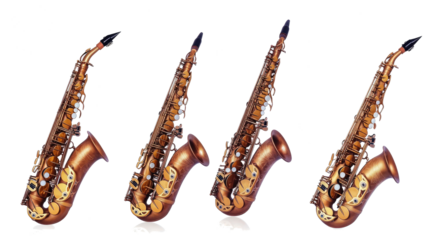 Set of Four Brass Saxophones Arranged on a White Background Generative AI