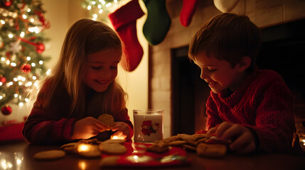 Children placing cookies and milk by the fireplace for Santa Claus on Christmas Eve with stockings hanging above and twinkling lights in the room.