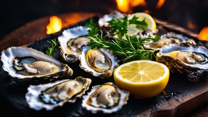 Grilled oysters with shiny edges, combined with caramelized lemon slices decorated with sprigs of fresh herbs.