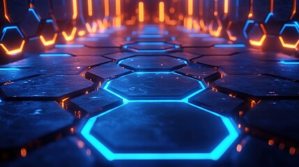 Blue and orange neon lights illuminate a hexagonal walkway. .