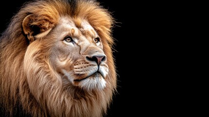 Majestic lion portrait on bold black background for wildlife-themed designs