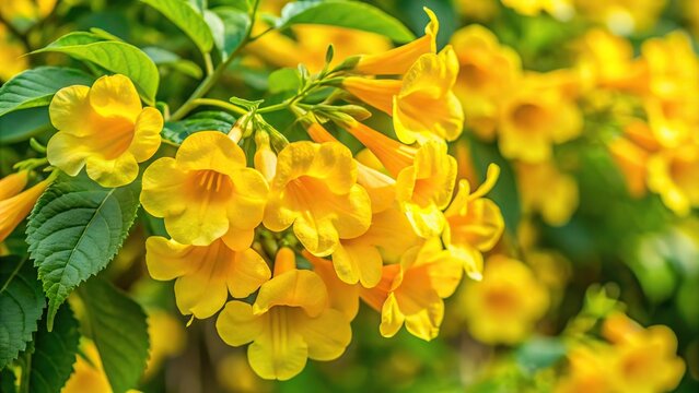 Yellow trumpetbush flowers with green leaves background yellow bells or yellow elder plant tecoma stans High Angle