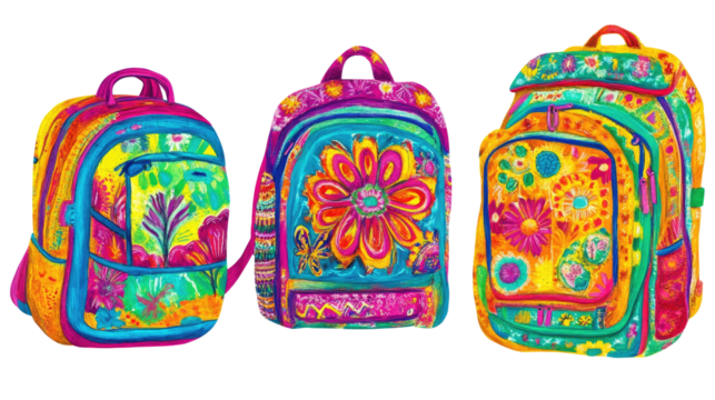 Colorful Collection of School Backpacks on a White Background Generative AI