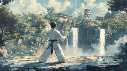 Obraz premium Shonen Hero Training in Mountain Temple: Anime Art