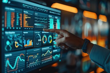 Analyzing digital financial data on an interactive touchscreen interface at night