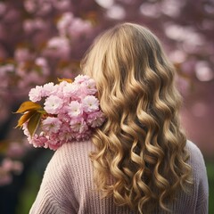 Naklejka premium A beautiful young woman with long blonde curls holds a sakura branch, captured from behind. 