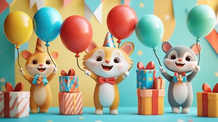 Adorable Cartoon Animals Celebrating with Balloons and Gifts at a Festive Party