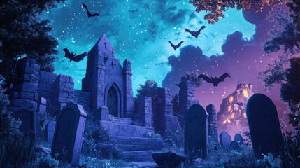 Obraz premium gravestones in cemetery, bats in night sky, halloween, october 31, fear, graves, death, day of the dead, cartoon illustration, scary place, landscape