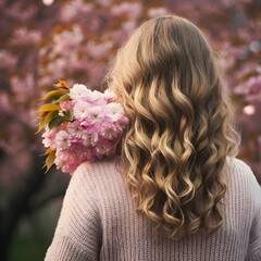 Naklejka premium From behind, a young woman with long curly blonde hair holds a branch of blooming sakura flowers. 