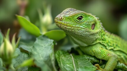 Fototapeta premium Spring wildlife: common green forest lizard on leaf close-up for nature photography