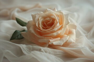 Obraz premium A delicate peach rose resting on soft, white fabric in a serene, tranquil setting