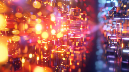 Naklejka premium Vibrant abstract representation of quantum computing with glowing cubes and lights, showcasing advanced technology and data processing at high speeds