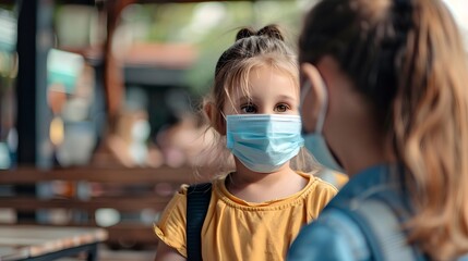 Fototapeta premium Little Girl With Face Mask Talking to Doctor