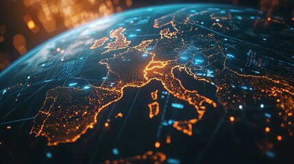 Fototapeta premium A Digital Representation of Europe with Orange and Blue Lights