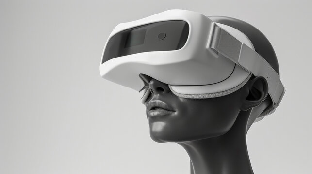 virtual reality headset is worn by mannequin, showcasing idealized future self. sleek design and modern aesthetics evoke sense of innovation and technology