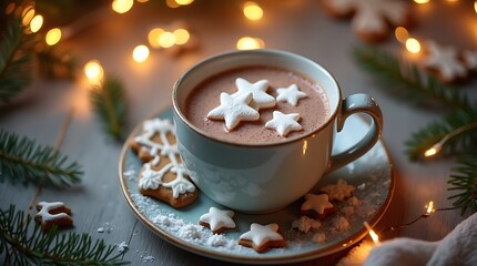 Festive Hot Chocolate with Star and Snowflake Marshmallows – Cozy Christmas & Winter Holiday Delight with Copy Space