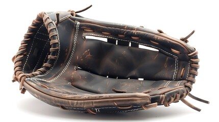Vintage leather baseball glove isolated on white, worn texture visible on the edges, perfectly shaped to catch a ball