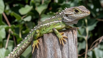 Naklejka premium Vibrant green reptile perched on wooden pole in lush spring habitat - nature photography for wildlife enthusiasts