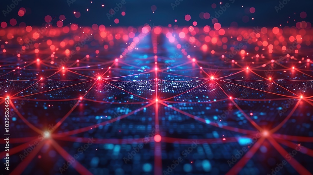 Poster red glowing lines connect a network of data points. .