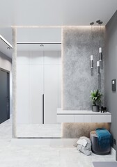 Corridor or hallway with a huge full-length mirror with lighting. A modern baseboard and a white hanging cabinet are used to create a contrast. Decorative plaster imitates a scratched surface or wall 
