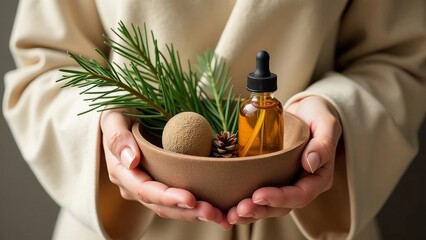close-up of a woman holding a bowl with pine twigs and a bottle of essential coniferous oil, the concept of using natural plants for aromatherapy and massage