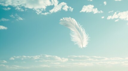   A white feather drifts in the azure sky, surrounded by fluffy, cotton-like clouds