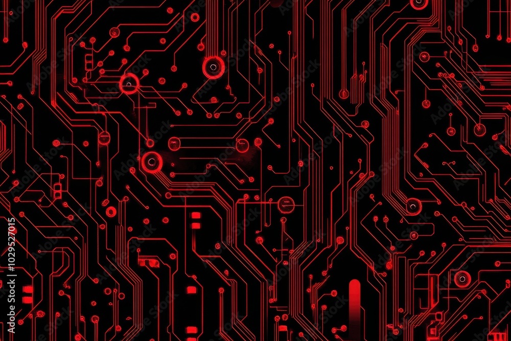 Poster red circuit board pattern, red color, black background generative ai