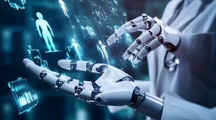
Healthcare technology, Hands of robot hold healthcare system management tools, health records, medical devices, diagnostics, and patient monitoring technology.