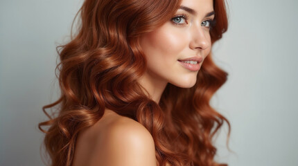 Naklejka premium A stunning woman with long, curly red hair poses in profile. Her elegant style and captivating gaze express beauty and sophistication. Ideal for concepts of style, beauty, and femininity.