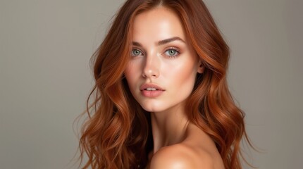 A stunning woman with long, curly red hair poses in profile. Her elegant style and captivating gaze express beauty and sophistication. Ideal for concepts of style, beauty, and femininity.

