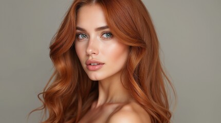 Fototapeta premium A stunning woman with long, curly red hair poses in profile. Her elegant style and captivating gaze express beauty and sophistication. Ideal for concepts of style, beauty, and femininity.