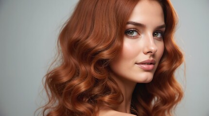 Fototapeta premium A stunning woman with long, curly red hair poses in profile. Her elegant style and captivating gaze express beauty and sophistication. Ideal for concepts of style, beauty, and femininity.