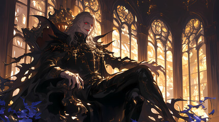 Anime Vampire Lord in Moonlit Gothic Castle