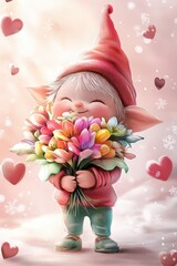 A happy elf character holding a bouquet of colorful flowers, surrounded by floating hearts and snow crystals, soft pastel pink background, 