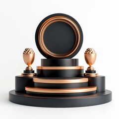Stylish podium design with round and trophy elements, white isolated background.