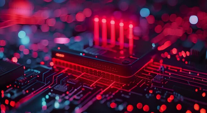 Closeup of a Computer Motherboard with Red and Blue LED Lights