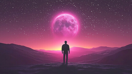 Fototapeta premium Man with backpack standing on mountain looking at giant pink moon in starry sky