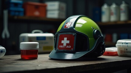 Fototapeta premium Helmet and First Aid, equipment to increase safety in industrial plants, basic treatment Zero Accidents, Safety First.