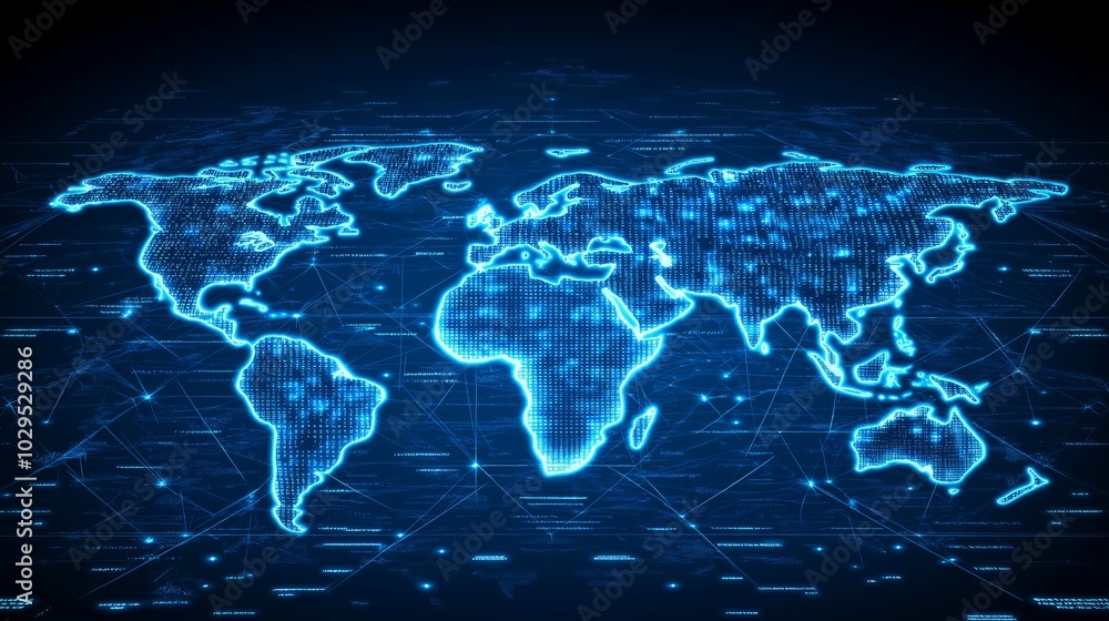 Poster Digital map of the world connected by a network of glowing nodes, symbolizing global connectivity, communication, and the internet's vast reach, Generative AI